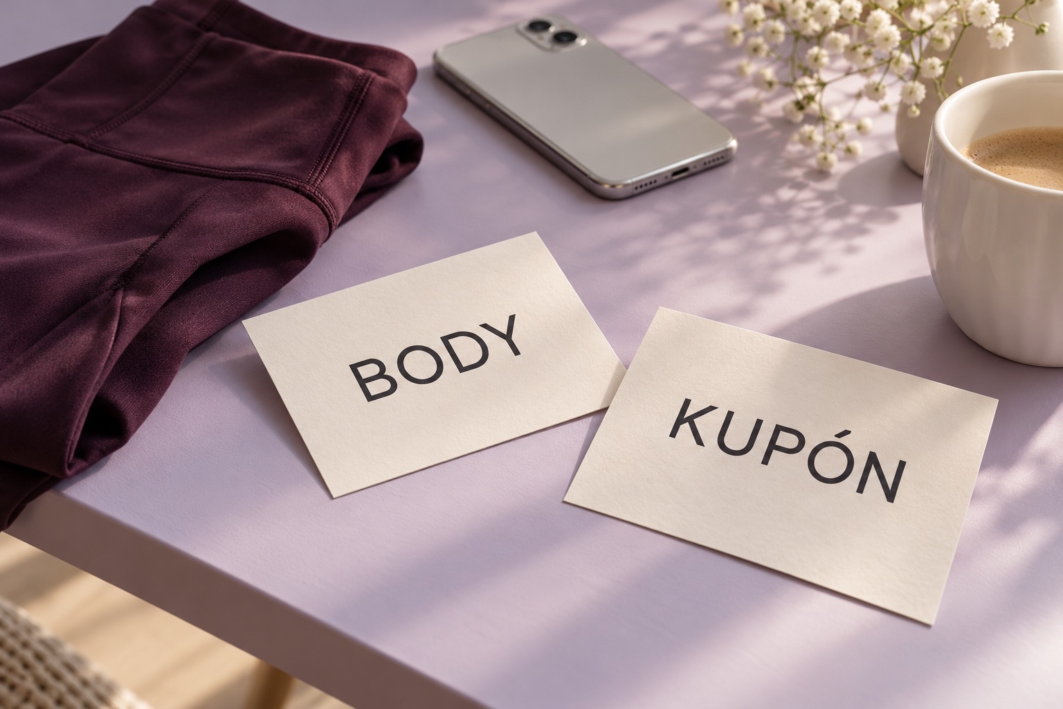 Kartičky Body a Kupón vedľa telefónu a zložených bordových legín