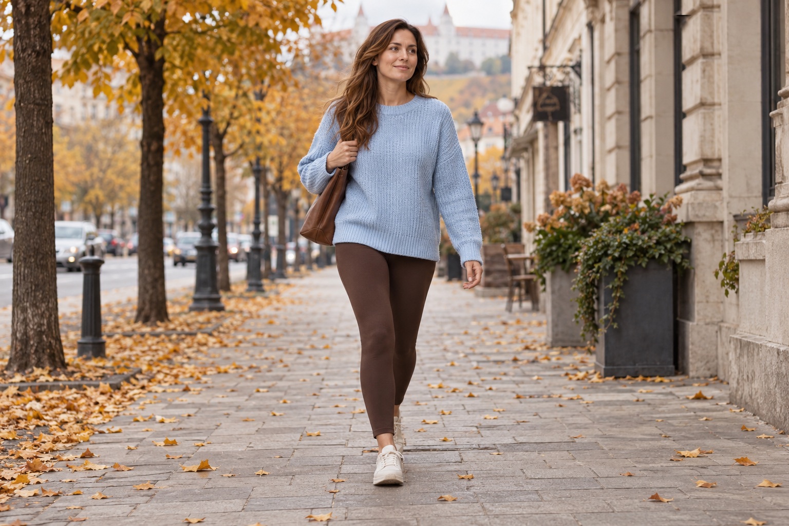 Outfitová inšpirácia: hnedé legíny so svetlomodrým svetrom pri jesennej prechádzke