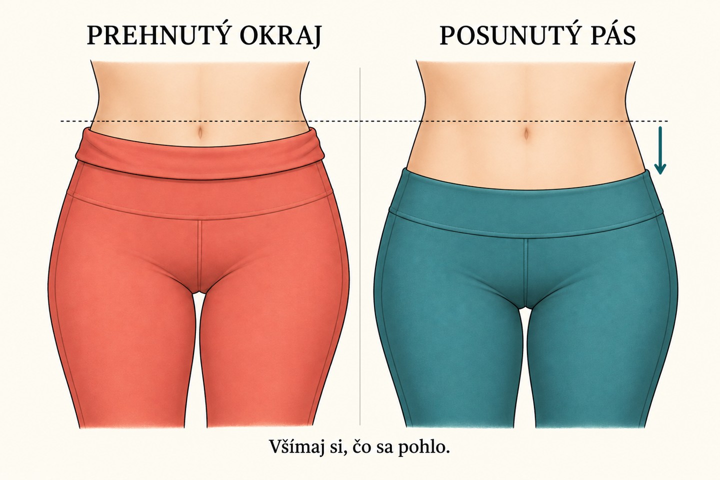 Názorná ilustrácia: vľavo prehnutý okraj, vpravo nižšie posunutý celý pás aj sed legín